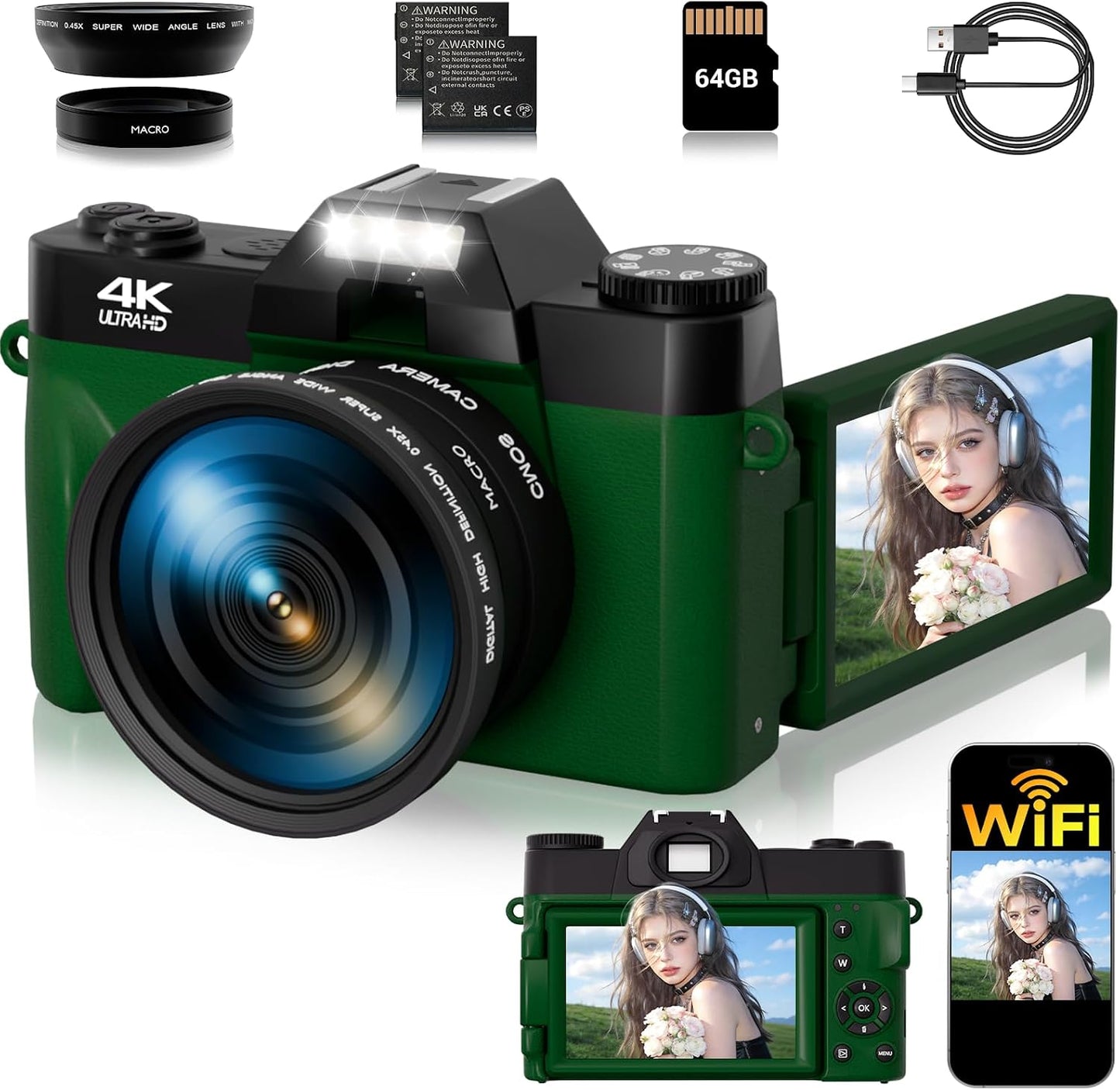 Cámara digital de 75 MP, cámara de vlogging WiFi 4K con pantalla ab...