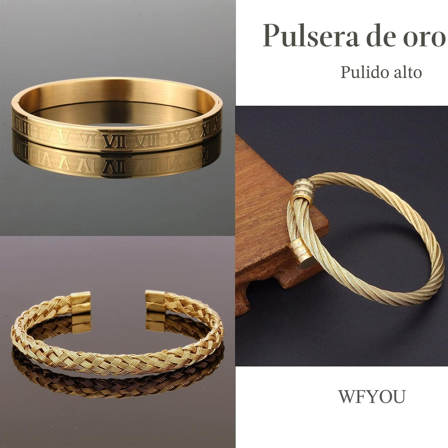 WFYOU 3 pulseras de acero inoxidable para hombres, pulseras de oro...