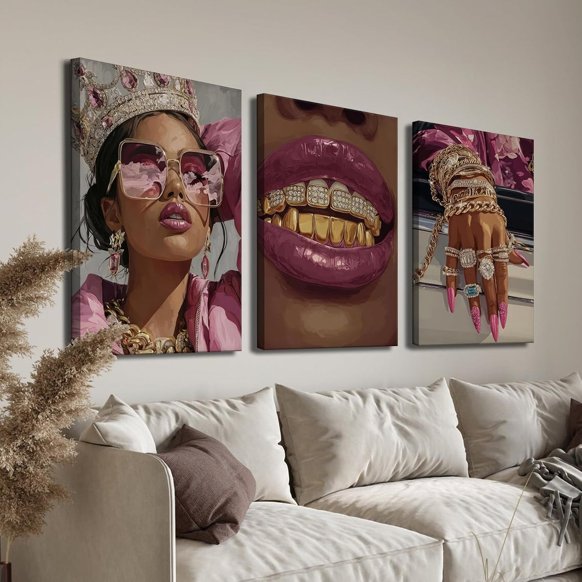 3 piezas de arte de pared en lona rosado con niña negra de lujo, de...