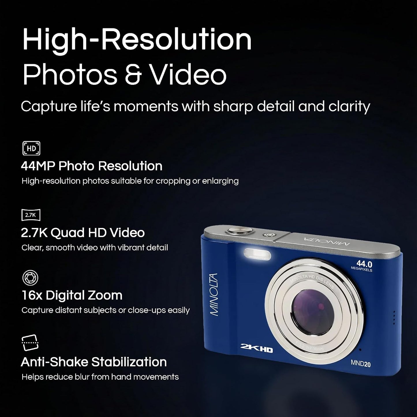 Minolta Minolta MND20 44 MP 2.7K Cámara digital Ultra HD (azul) | E...