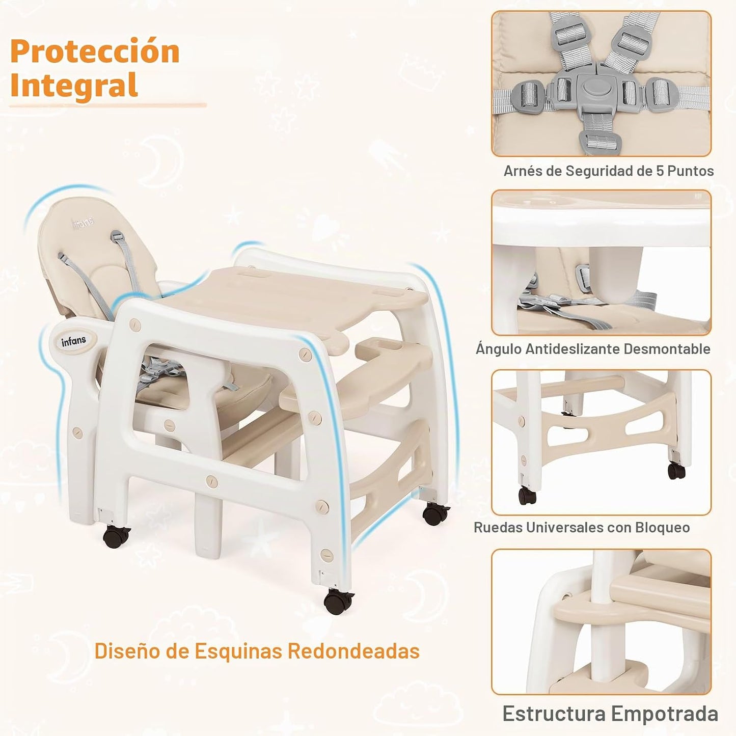 INFANS 5 en 1 Silla Alta para Bebé, Juego de Silla y Mesa Convertib...