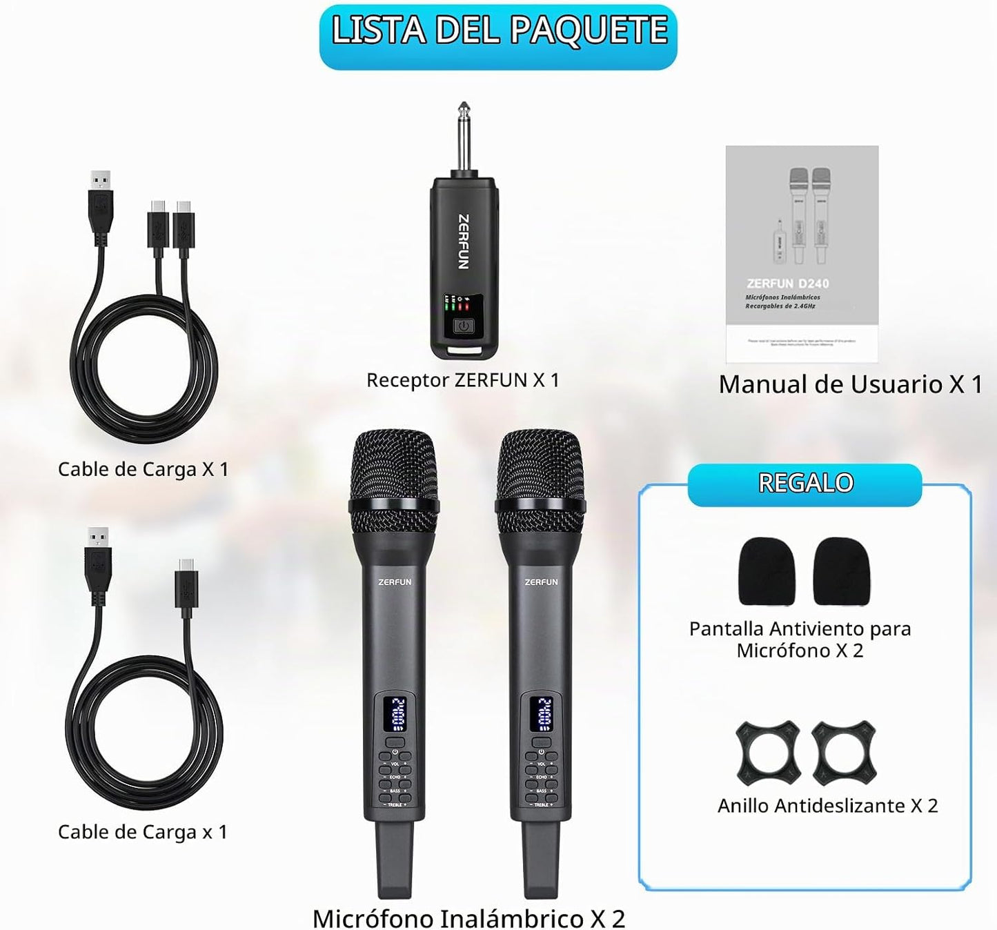 ZERFUN Micrófonos inalámbricos recargables duales, sistema de micró...