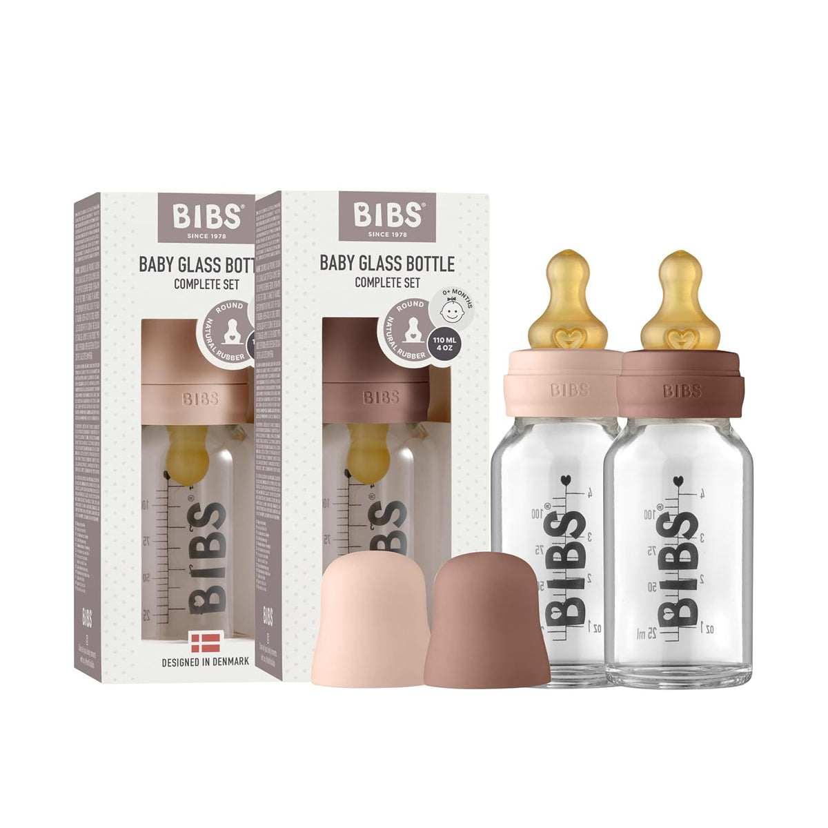 BIBS - Botella de vidrio, 3.7 onzas, paquete de 2, color rubor, mar...