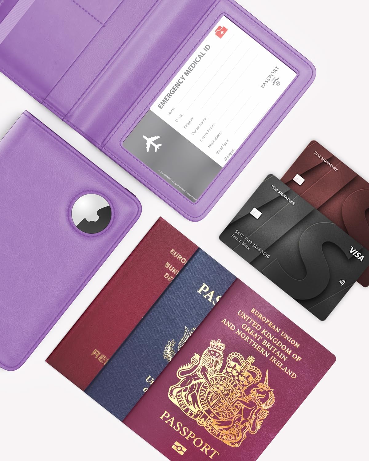 Stouchi Funda para pasaporte AirTag, Púrpura, Pequeña | Piel sintét...