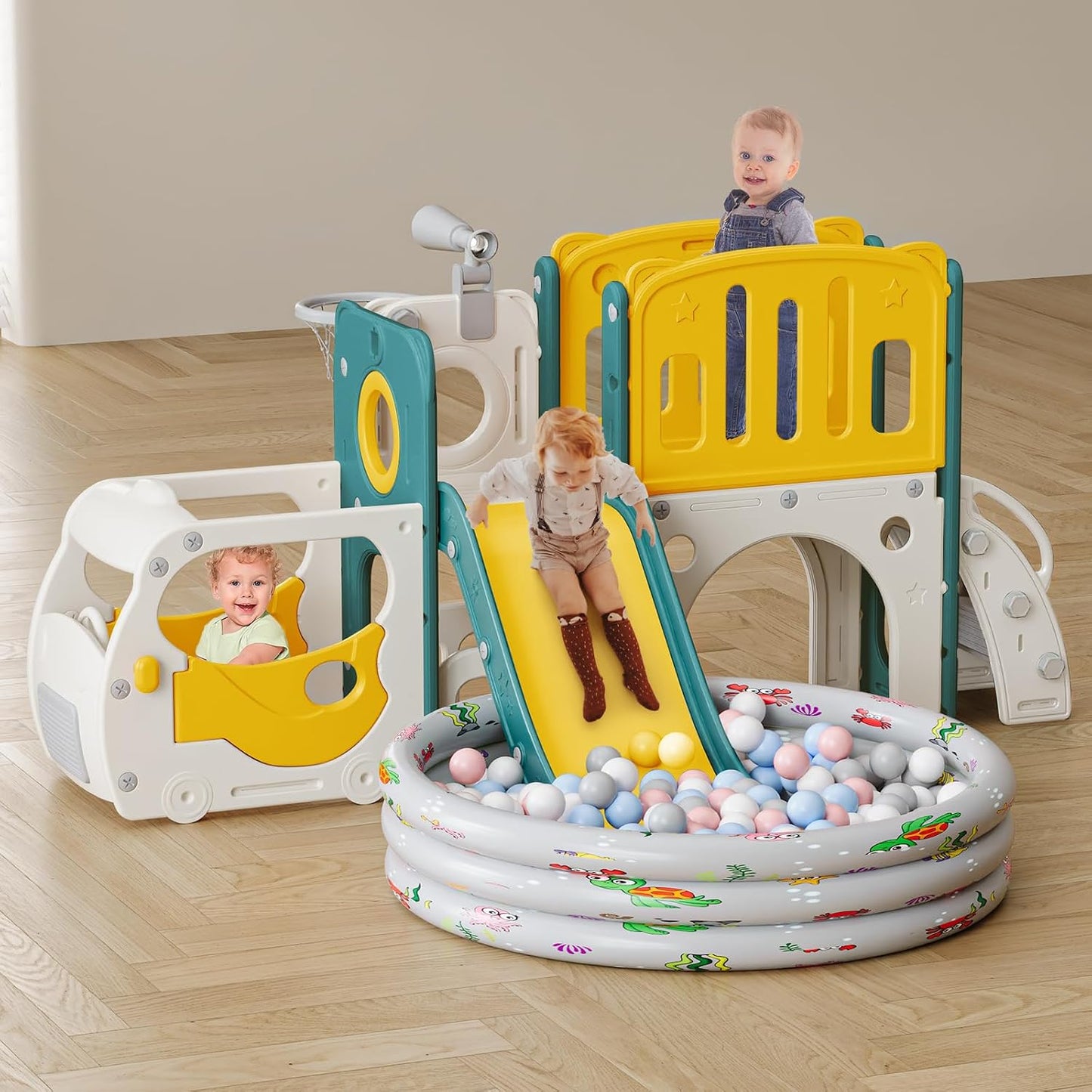Set de juego con tobogán para niños pequeños con tema de autobús, t...