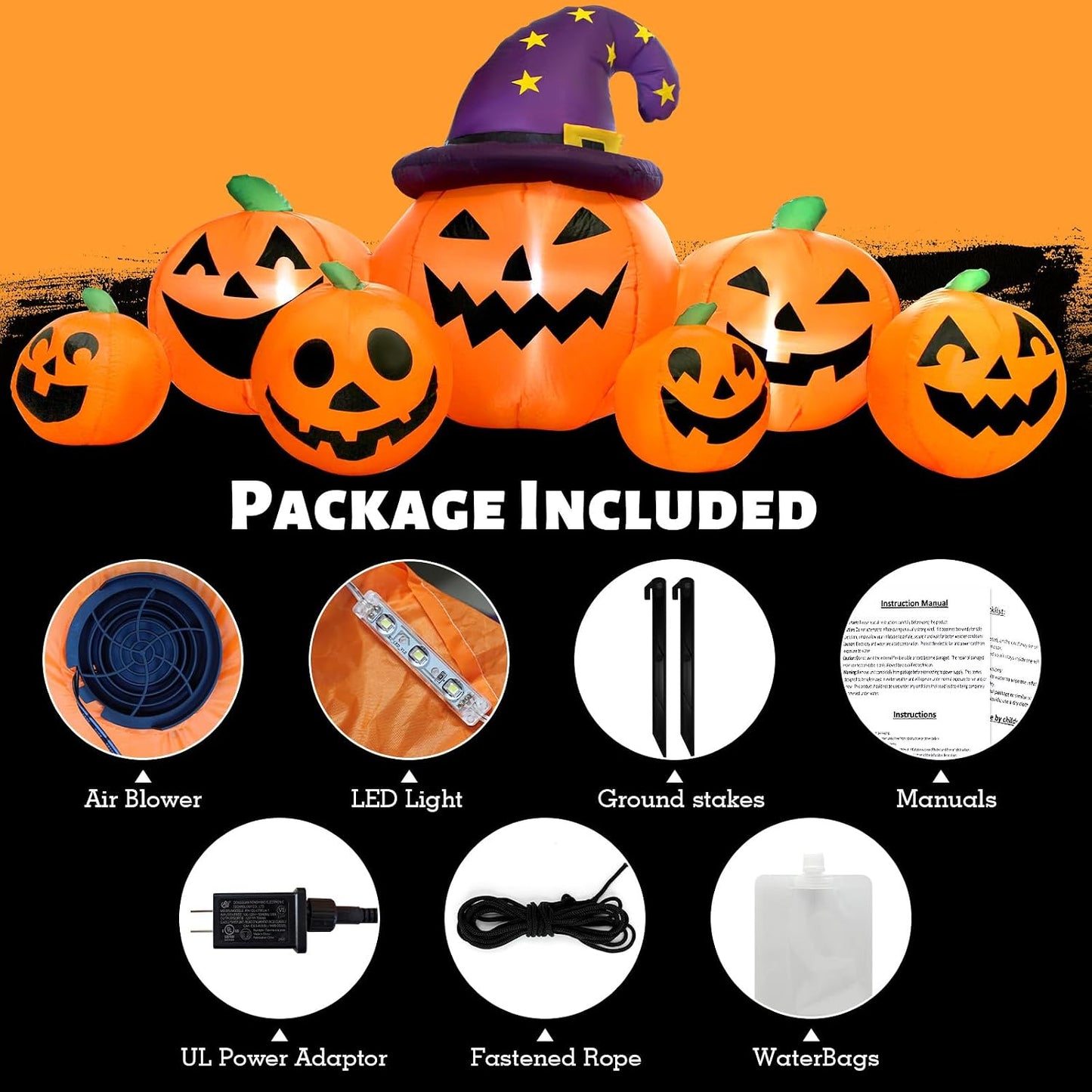 Calabaza inflable de Halloween de 8 pies de largo para decoración a...