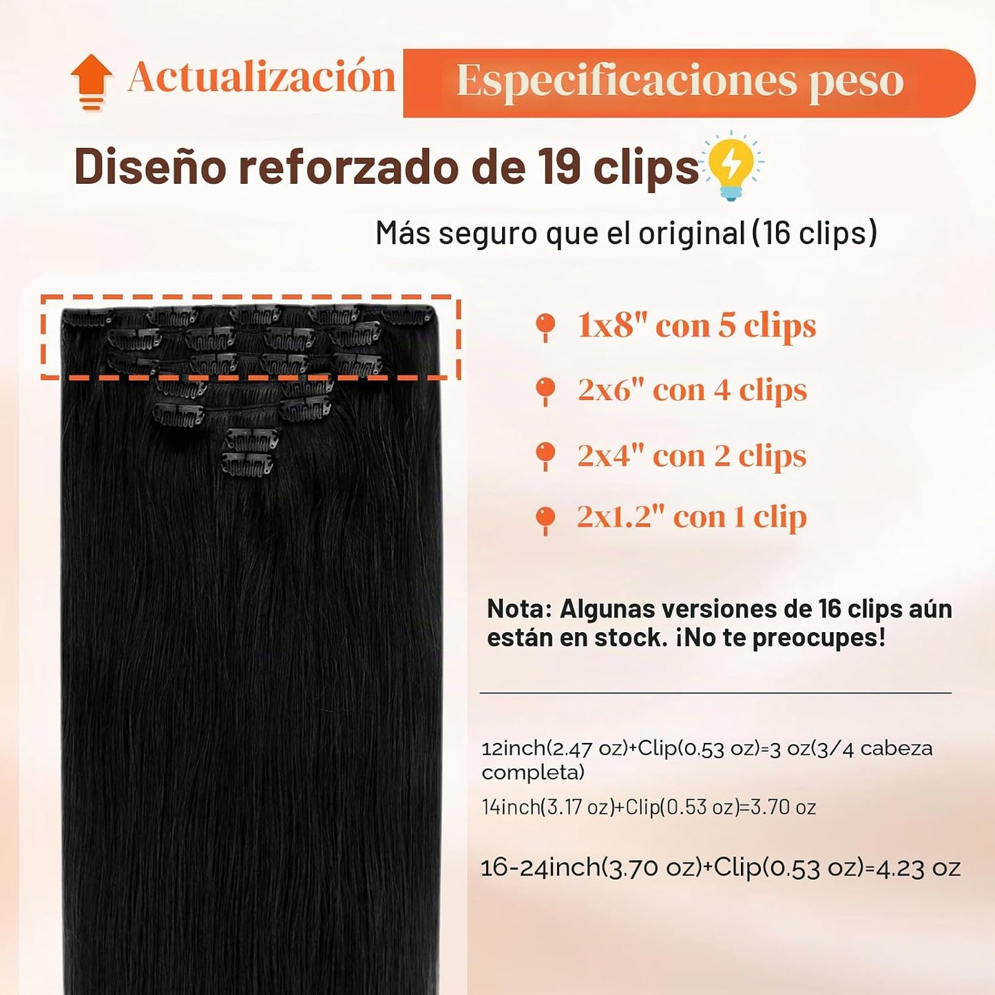 Sunny Hair - Extensiones de clip de cabello humano largo, color neg...