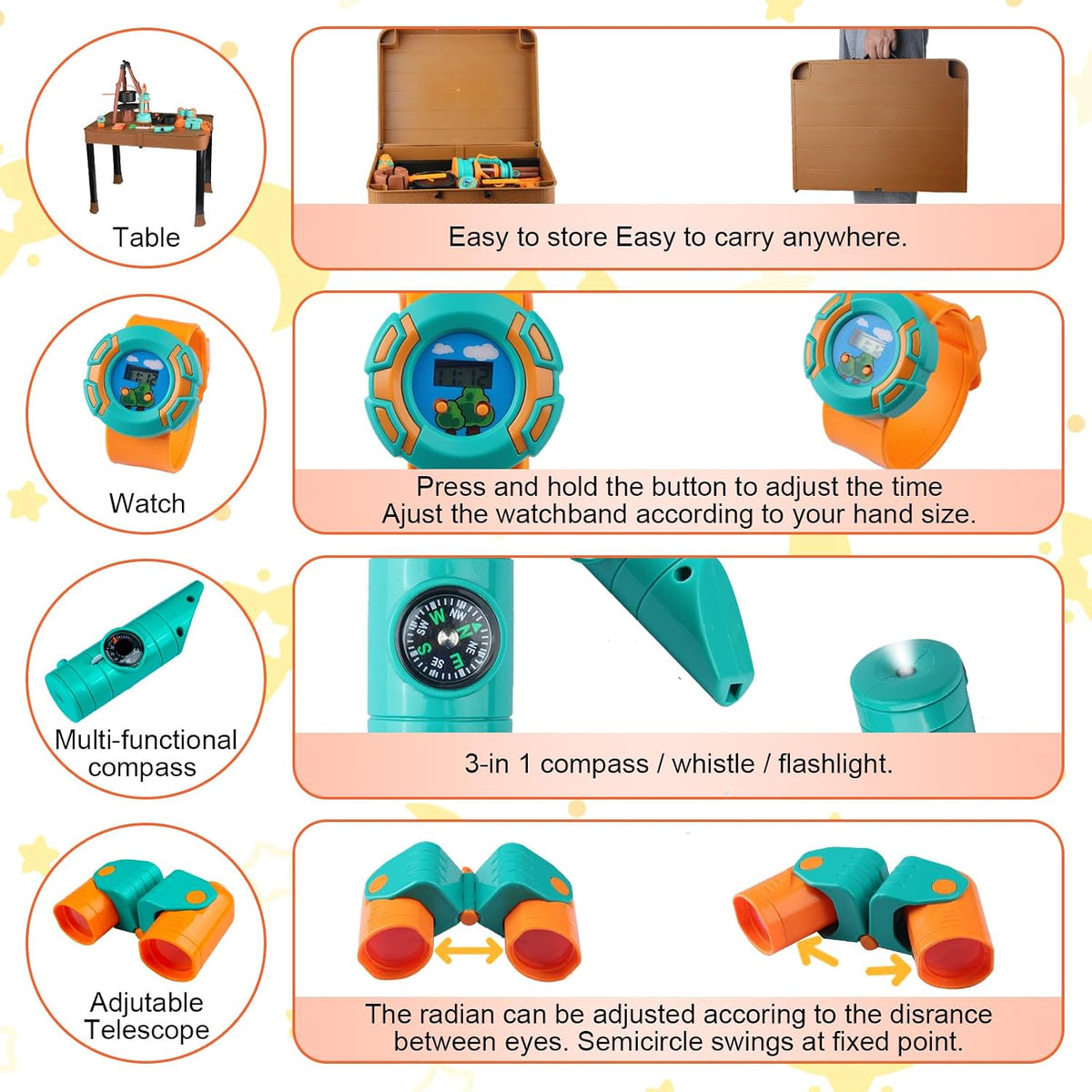 Qtioucp - Juego de campamento para niños de 50 piezas con mesa pleg...