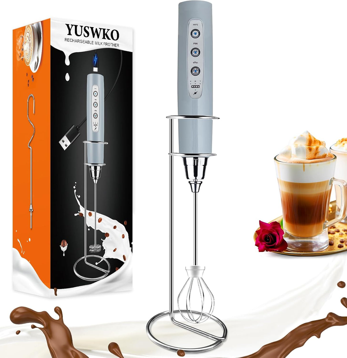 YUSWKO Espumador de leche recargable para café, batidora de bebidas...