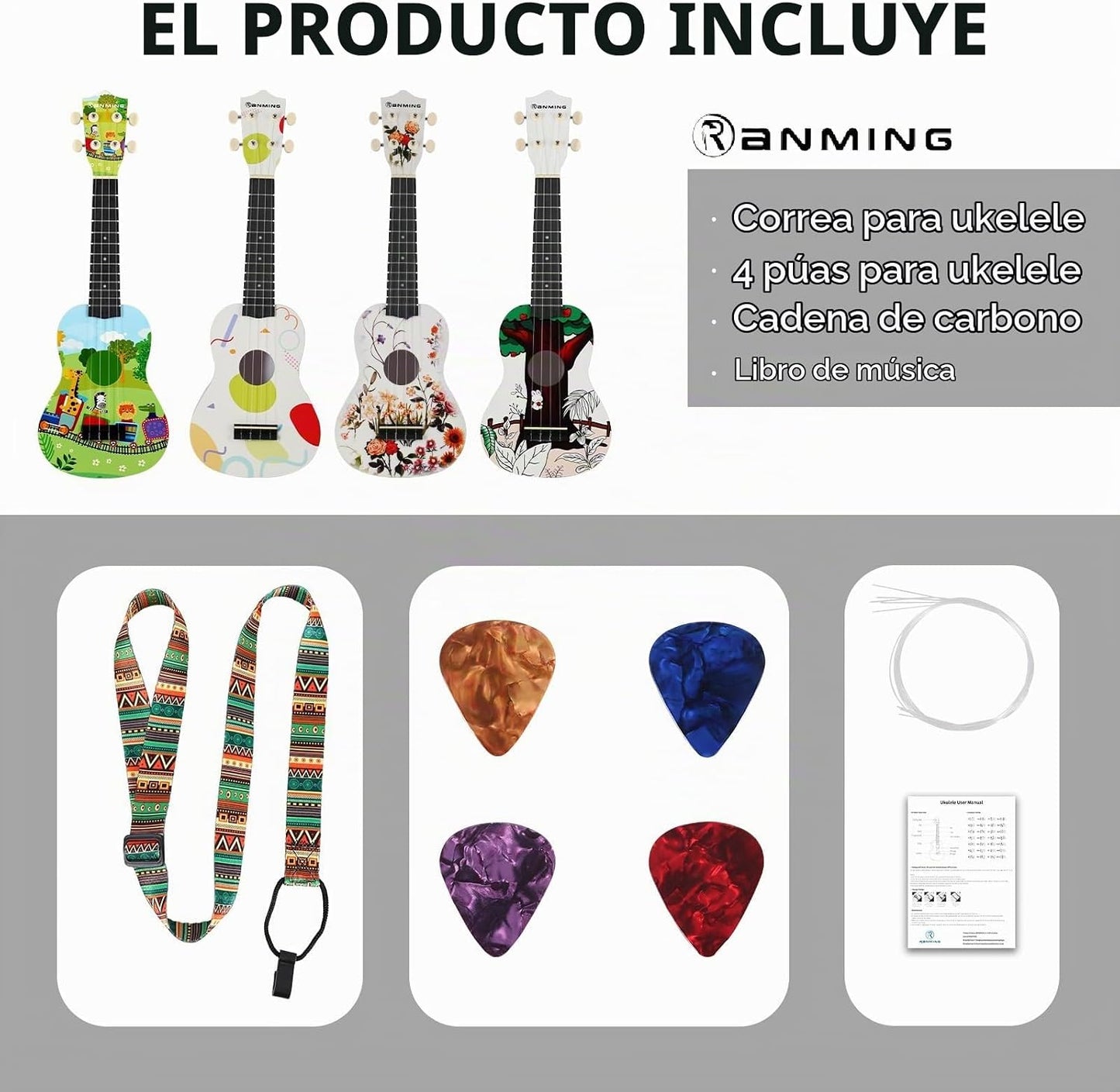 RANMING Ukulele ukelele de 21 pulgadas para niños, kit de iniciació...