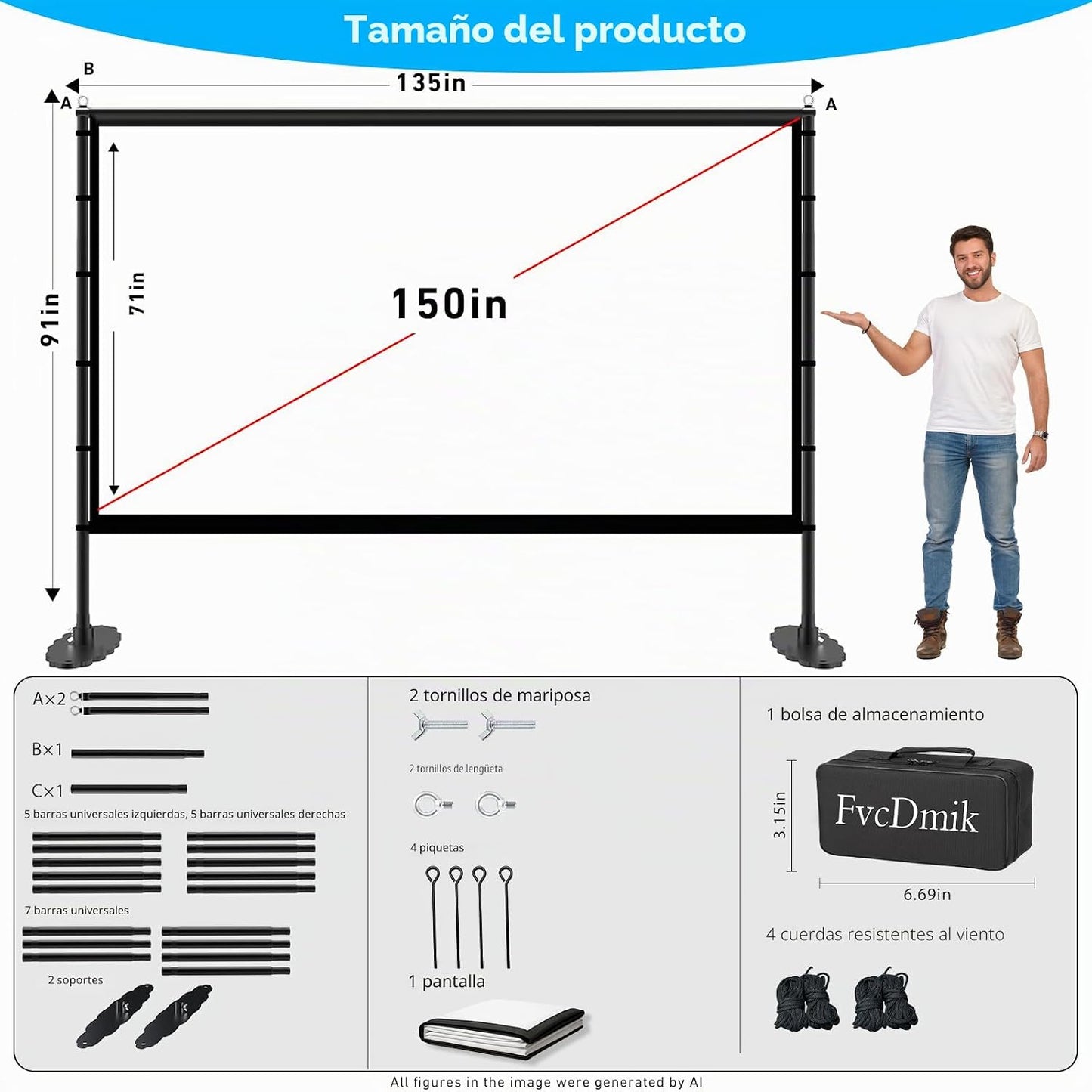 Pantalla de proyector de 150 pulgadas con soporte, pantalla de cine...