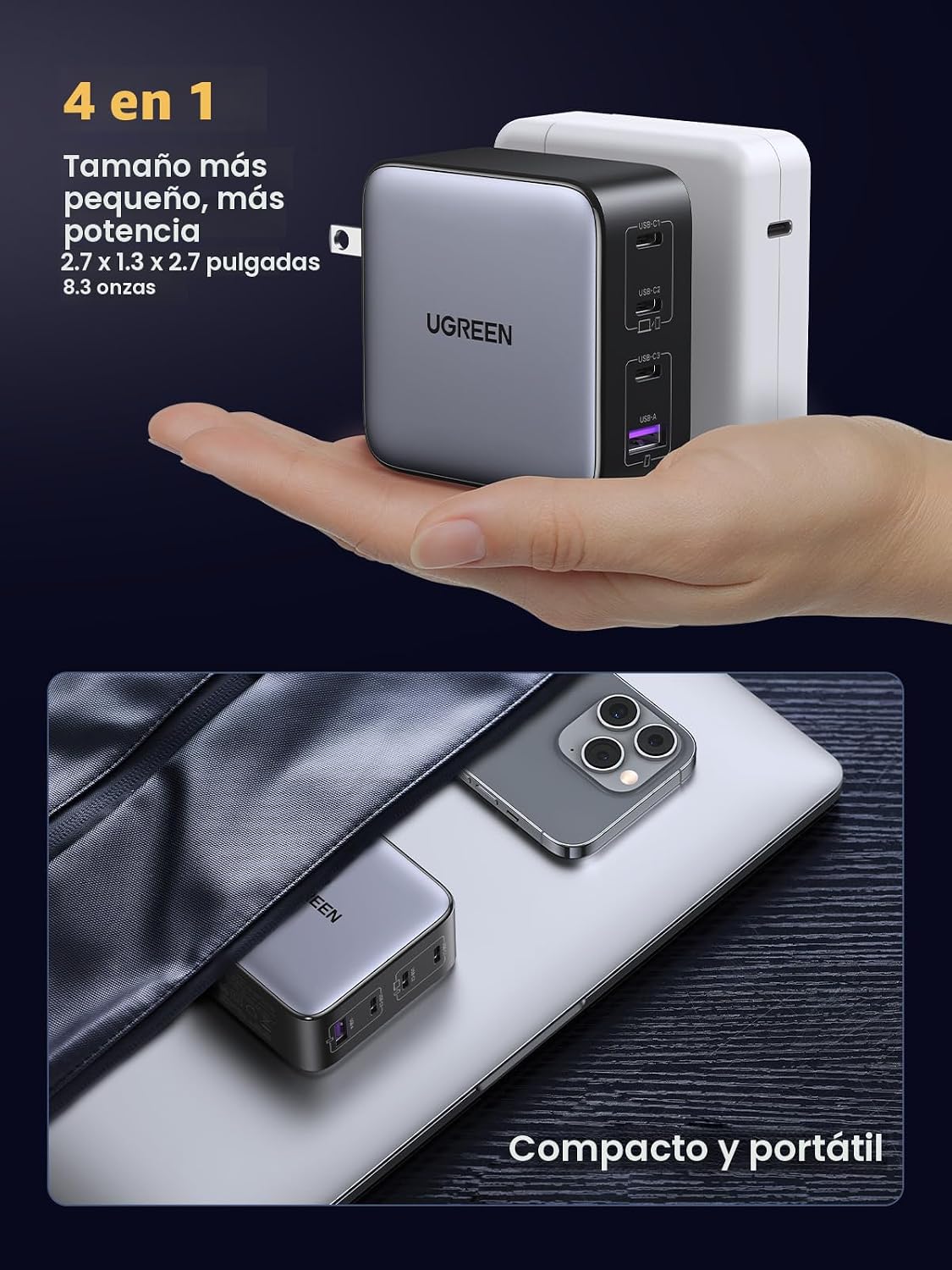 UGREEN Nexode Cargador USB C GaN de 100W, Adaptador de Corriente Rá...