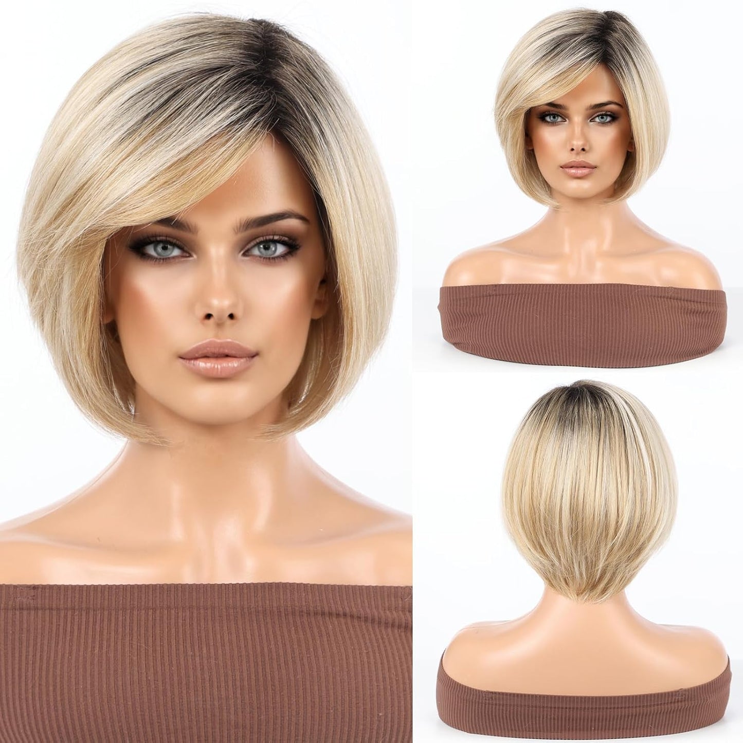 RSY Peluca corta de 12 pulgadas con flequillo, mezcla de cabello hu...