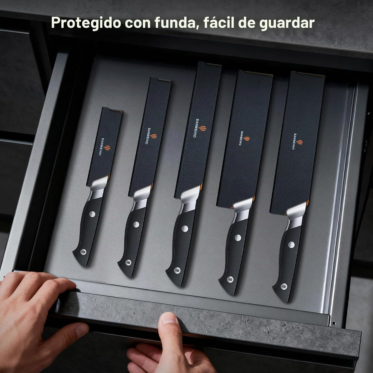 SANMEIHO Juego de 10 cuchillos de cocina japoneses, aptos para lava...