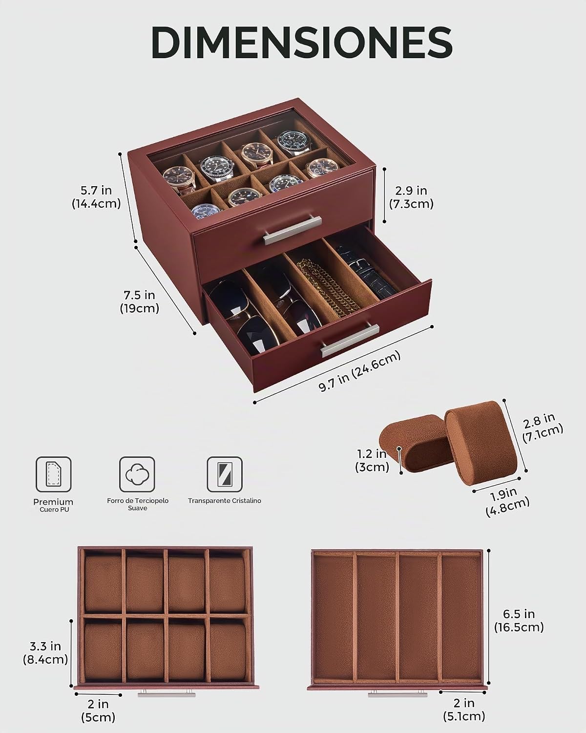 ProCase Caja de reloj de 8 ranuras para hombre, caja de gafas de so...