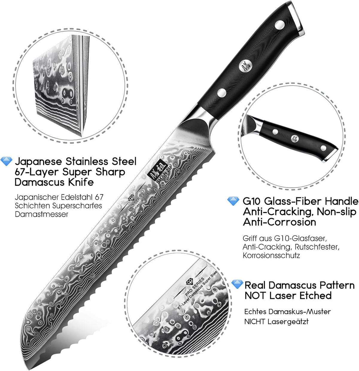 Cuchillo de pan SHAN ZU de 8 pulgadas, cuchillo japonés de acero de...
