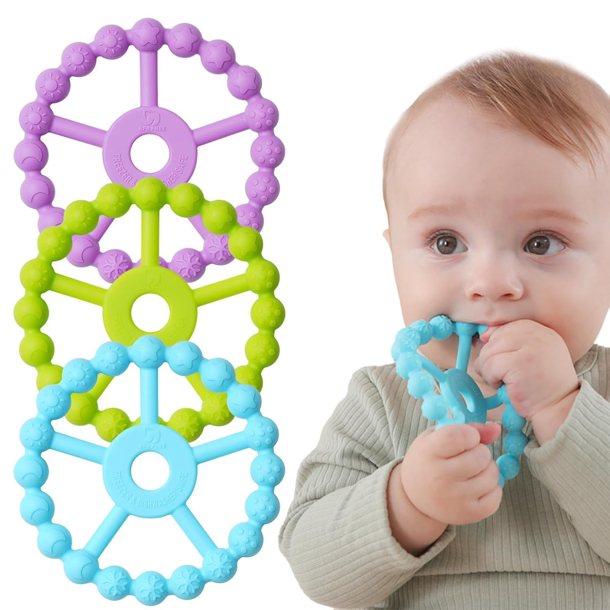 Paquete de 3 Mordedores de Anillo para Bebés e Infantes, Juguetes d...