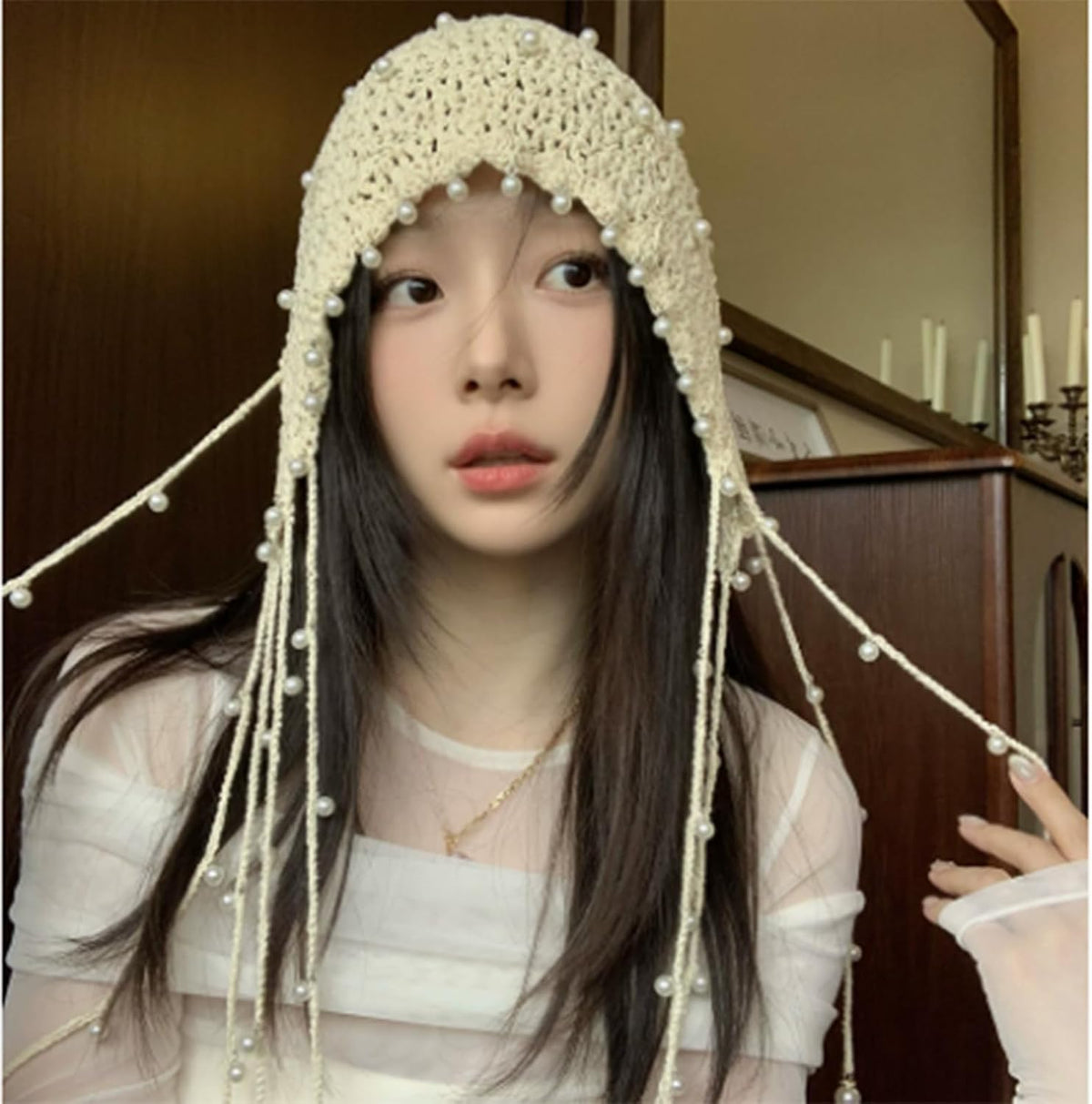 Gorros de ganchillo para mujer, boho, gorro de encaje con cuentas d...