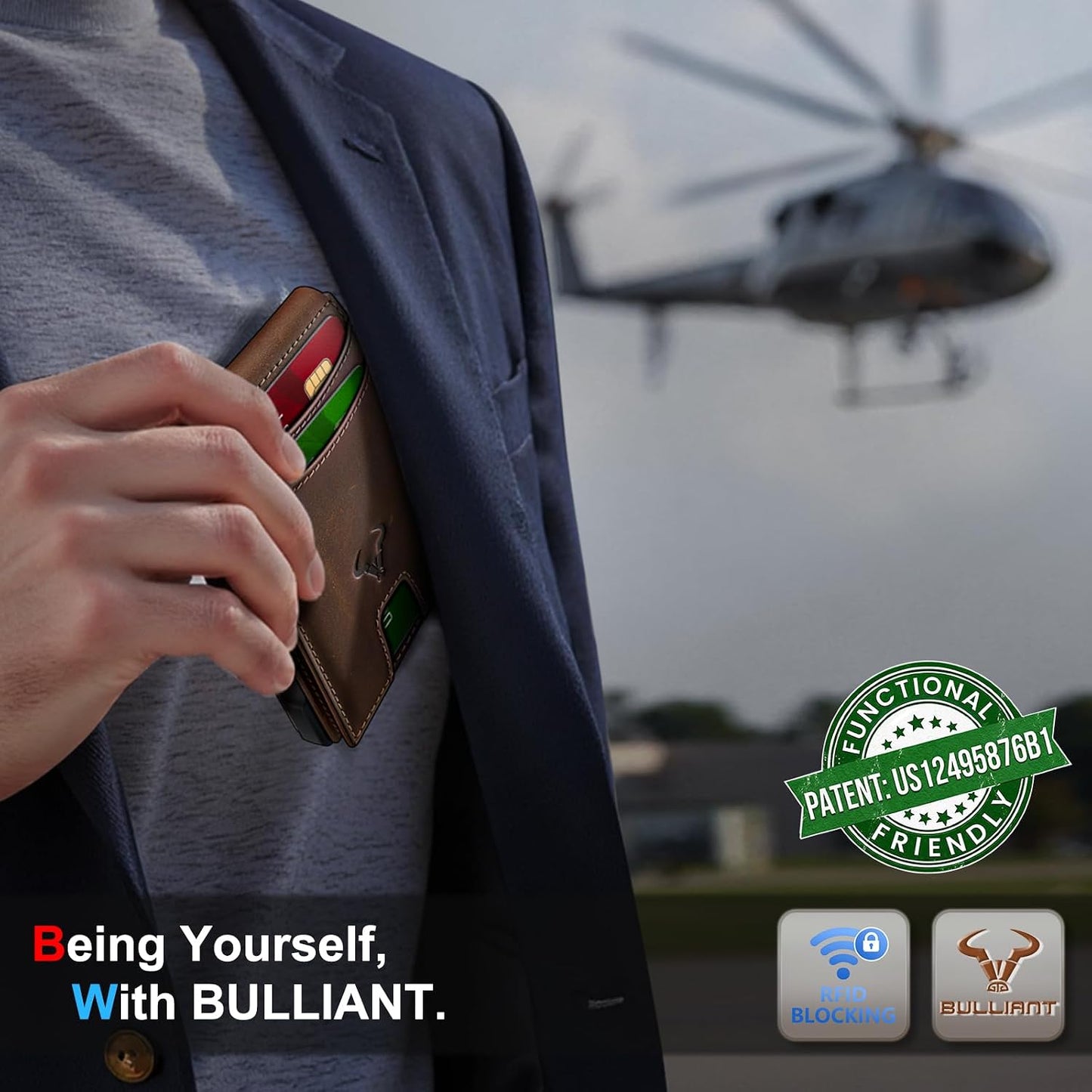 BULLIANT Cartera delgada de grano completo para hombre, caja de met...