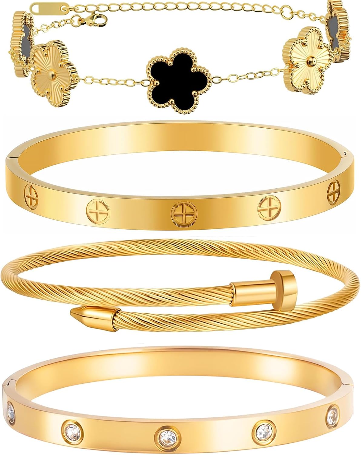 Ntutrxk Pulseras de oro para mujer - 4 piezas\/3 piezas, juego de p...
