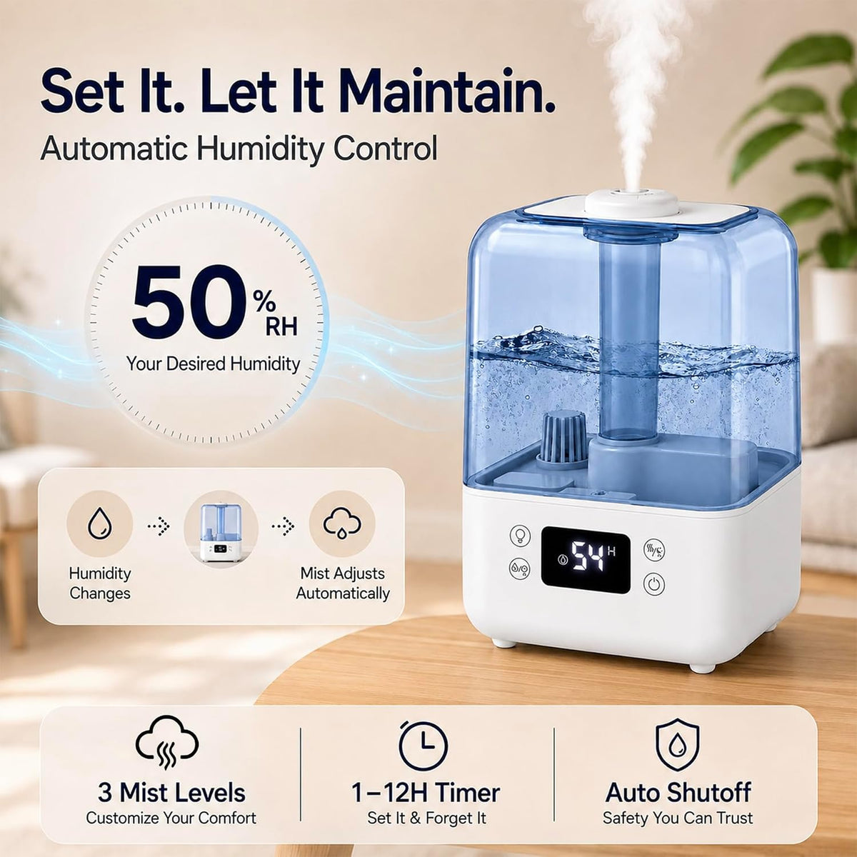 Humidificador de 5 litros para dormitorio, humidistato automático,...