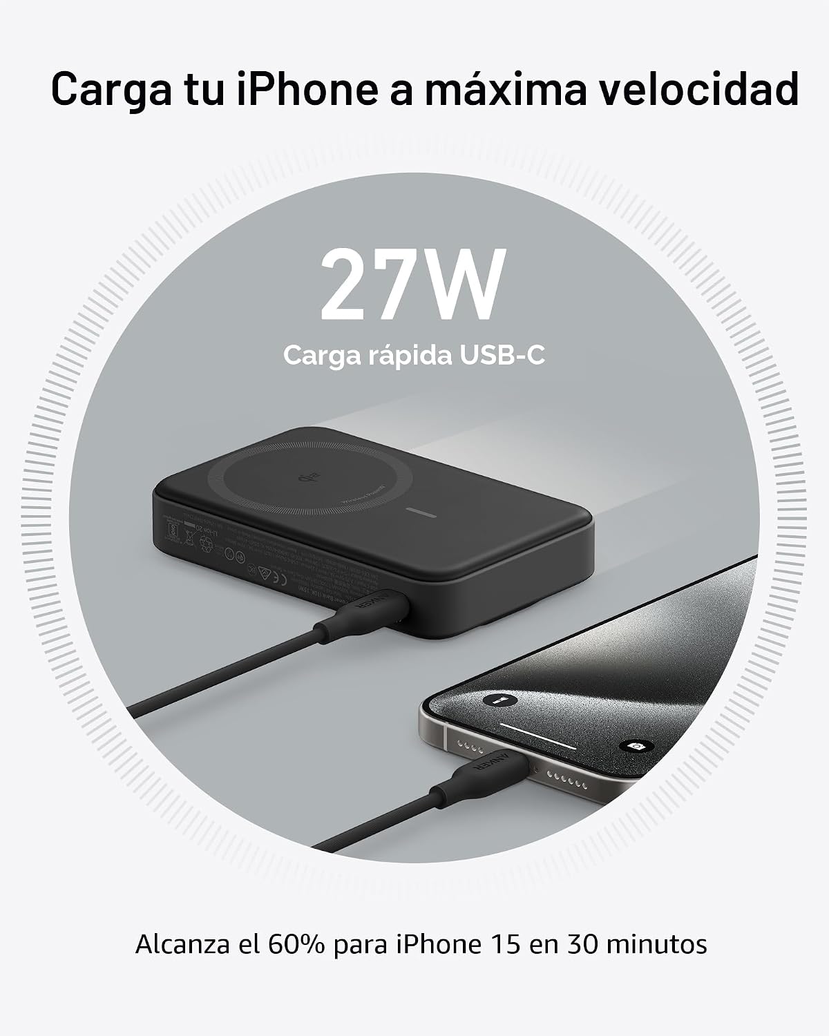 Anker MagGo Power Bank, cargador portátil máximo de 15 W con certif...