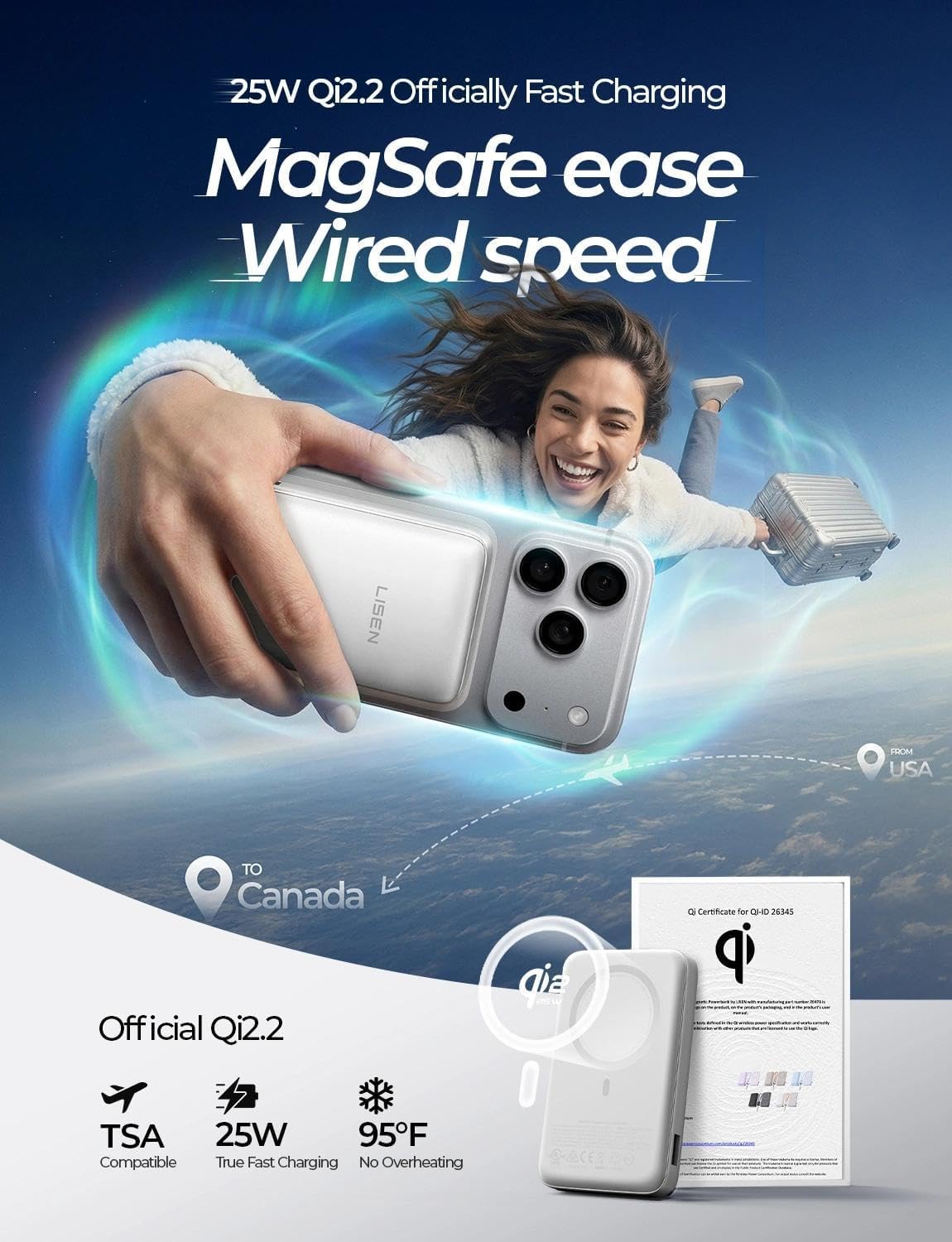 LISEN Cargador portátil magnético para iPhone 10000mAh | QI2.2 Carg...