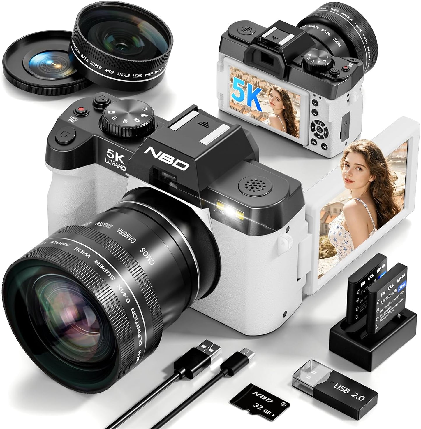 Cámara digital True 5K 64MP para fotografía (blanco perla) | Enfoqu...