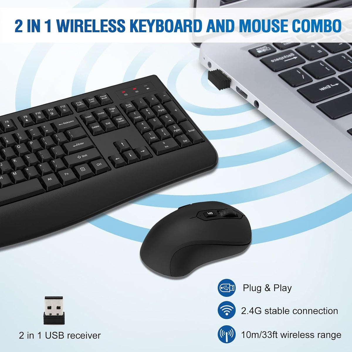 Combo de teclado y ratón inalámbricos, teclado inalámbrico de tamañ...