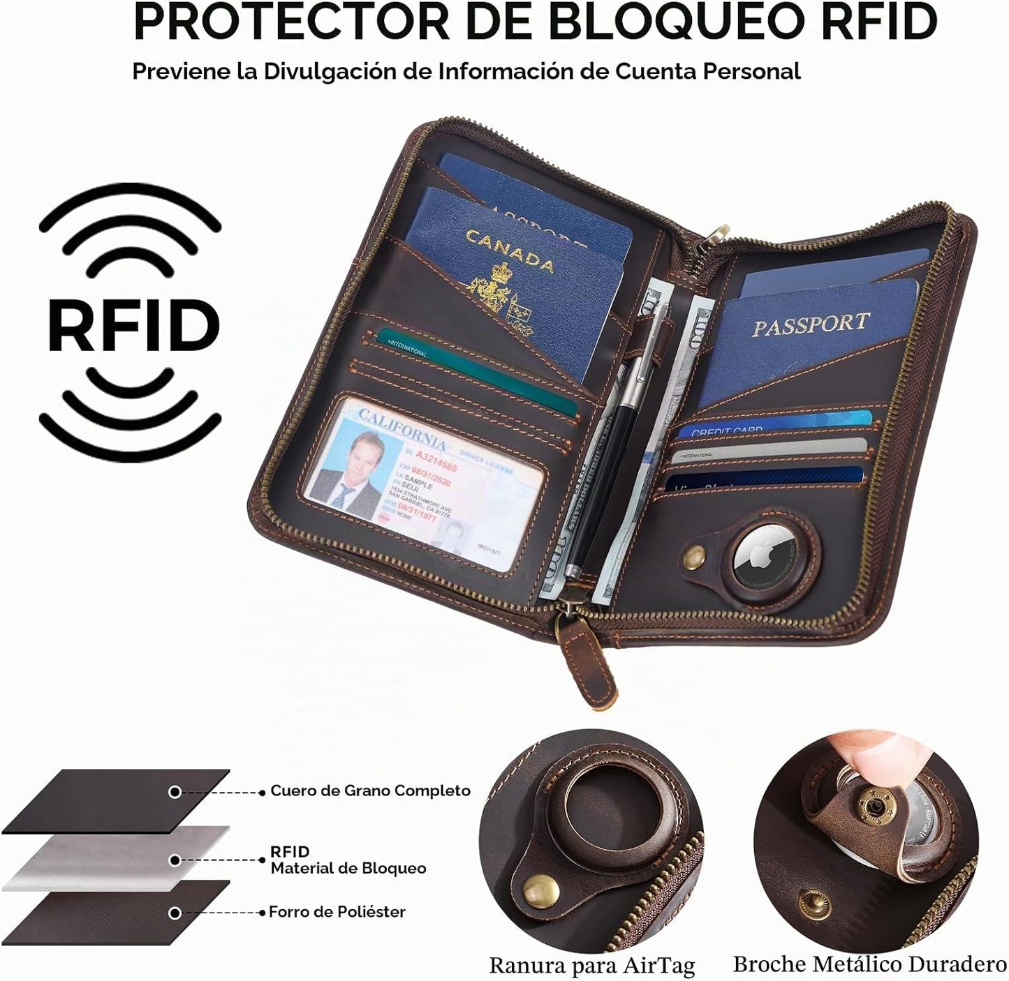 Polare - Funda para pasaporte de cuero de grano completo para hombr...