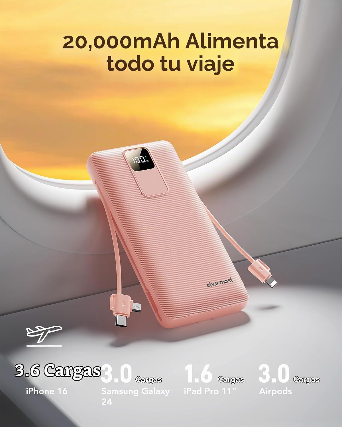 charmast Cargador portátil de 20000 mAh con cables incorporados y e...
