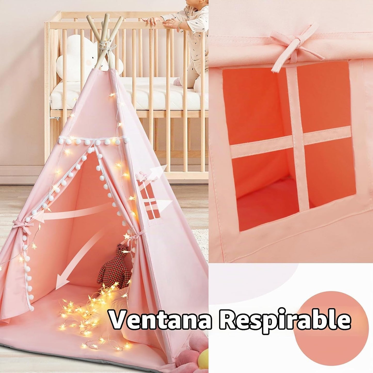 RONGFA Tienda de campaña tipi para niños con alfombra, luces de est...