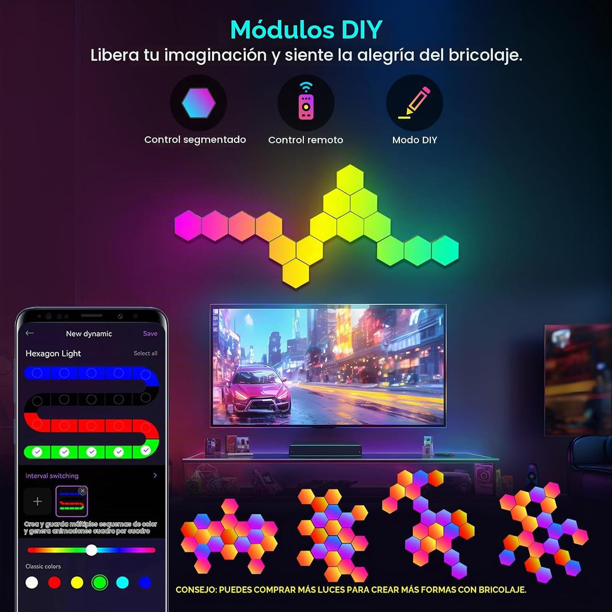 JIMIMORO Paquete de 12 paneles de luz hexagonales \u2013 Luces de p...