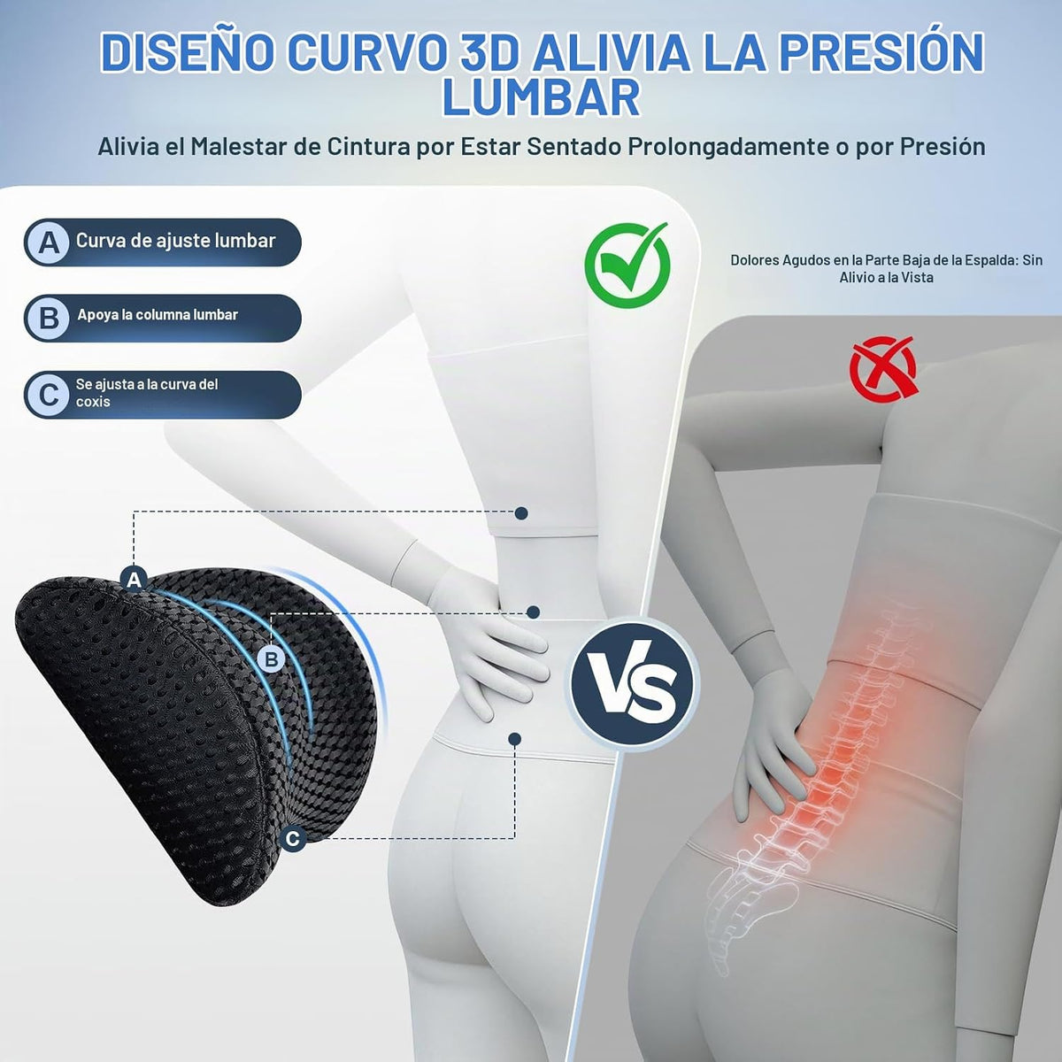 Almohada de apoyo lumbar, almohada lumbar ergonómica de espuma visc...