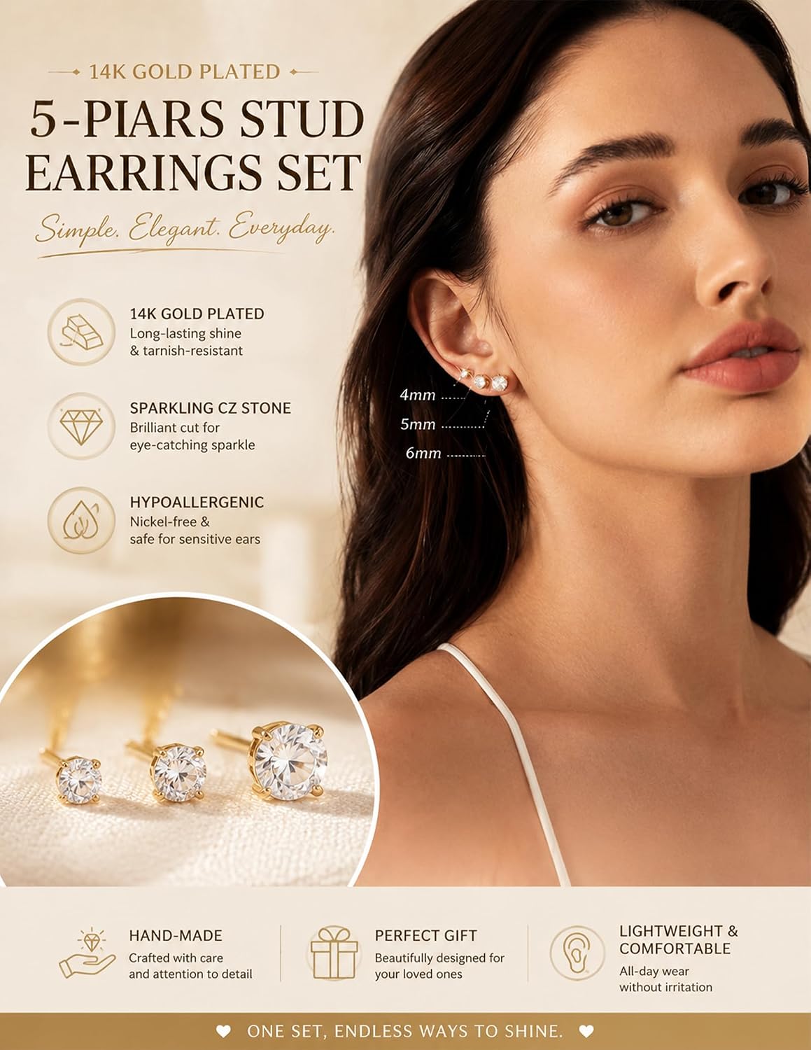 5 pares de aretes chapados en oro de 14 quilates para mujer, hipoal...