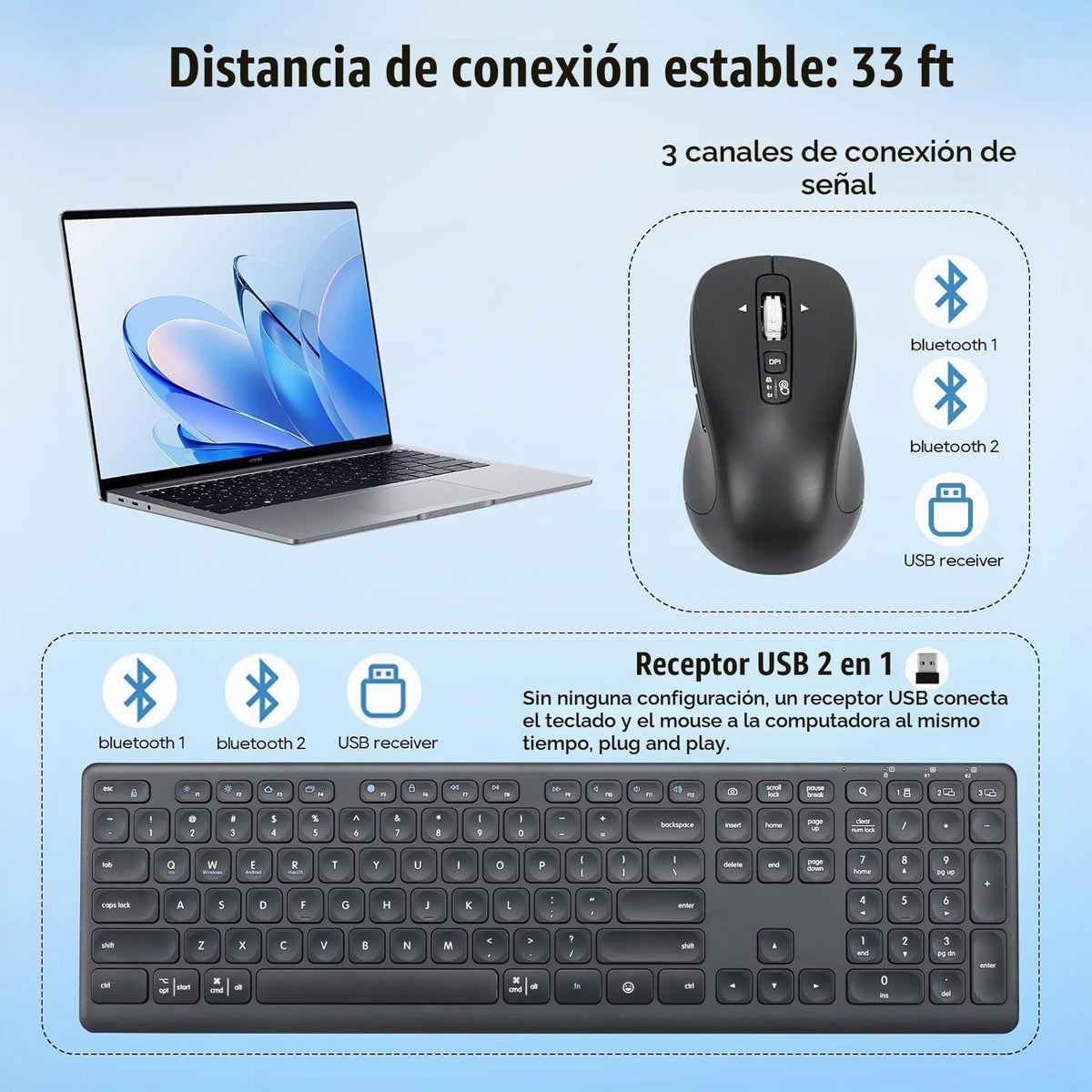 CITLLA Combo de teclado y mouse inalámbricos, teclas de interruptor...