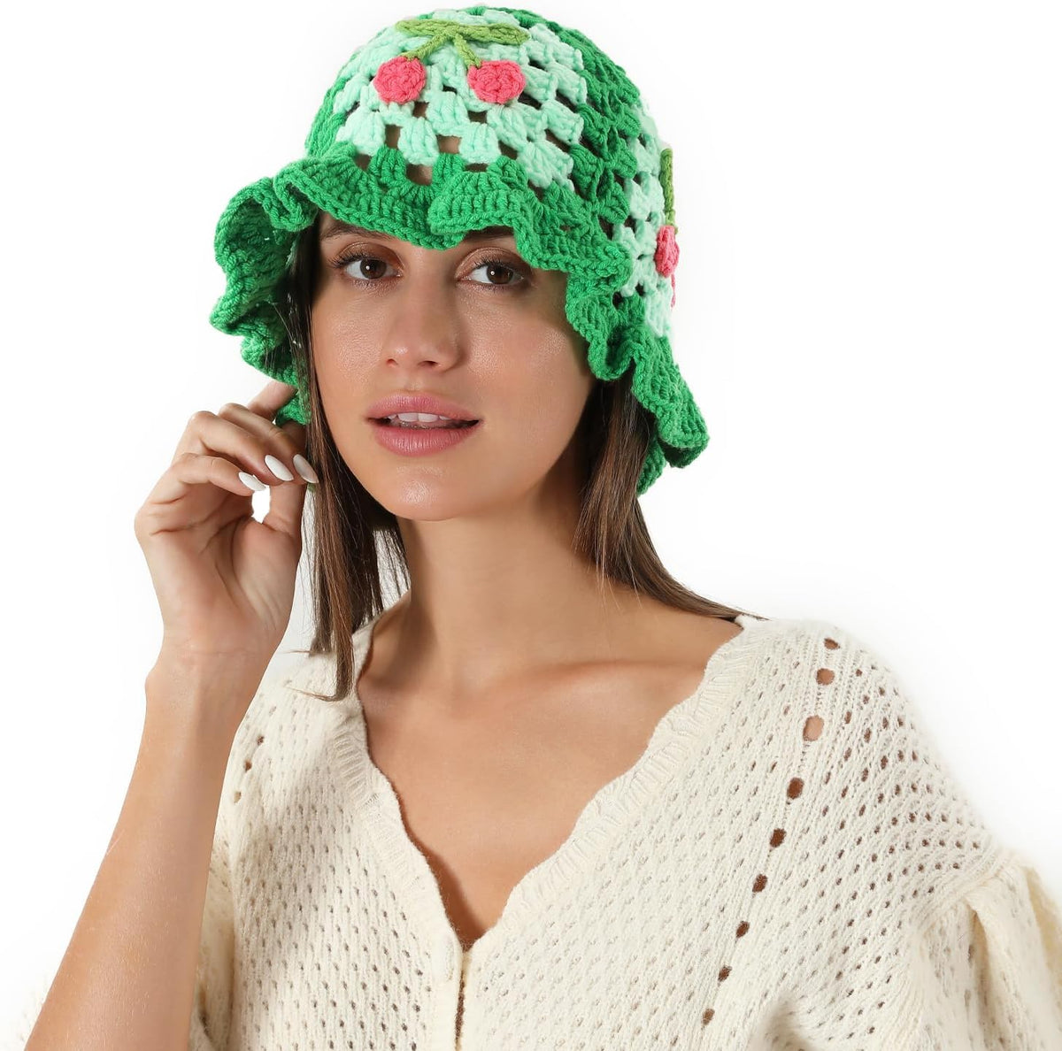 Fiewmay Sombrero de pescador de ganchillo para mujer, hecho a mano,...