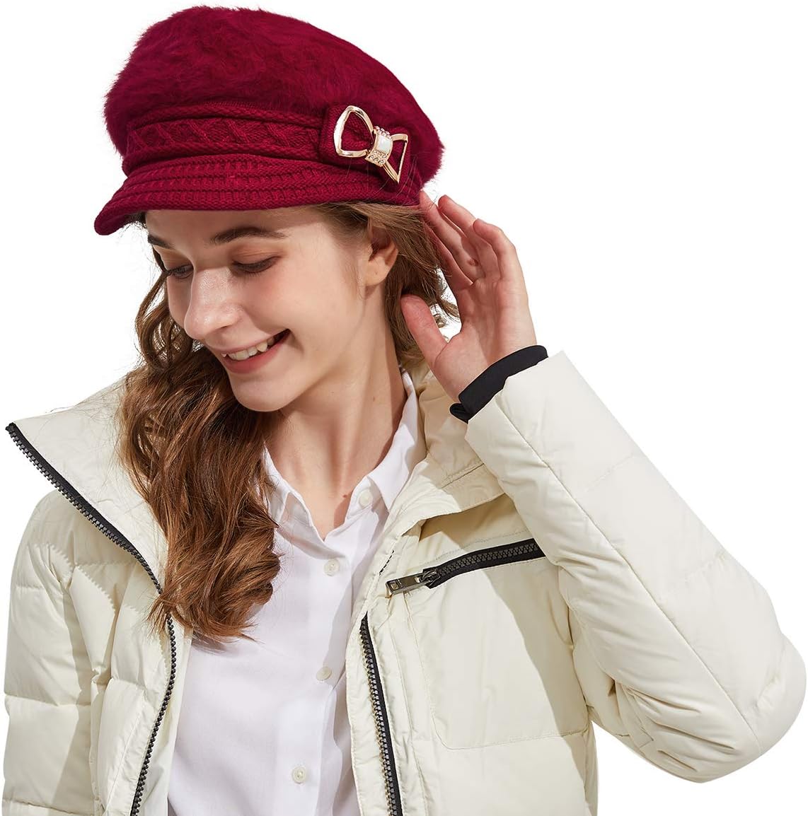 Surblue Sombrero de punto para mujer, boina, gorra de ala ancha con...