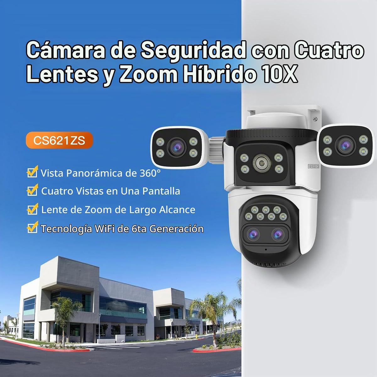 EVERSECU - Cámara de seguridad WiFi PTZ de lente cuádruple con zoom...