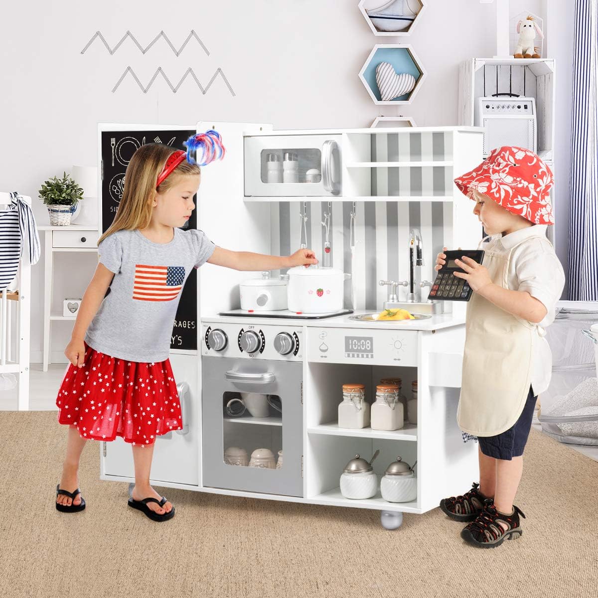 Costzon Juego de cocina de madera para niños, juego de simulación d...