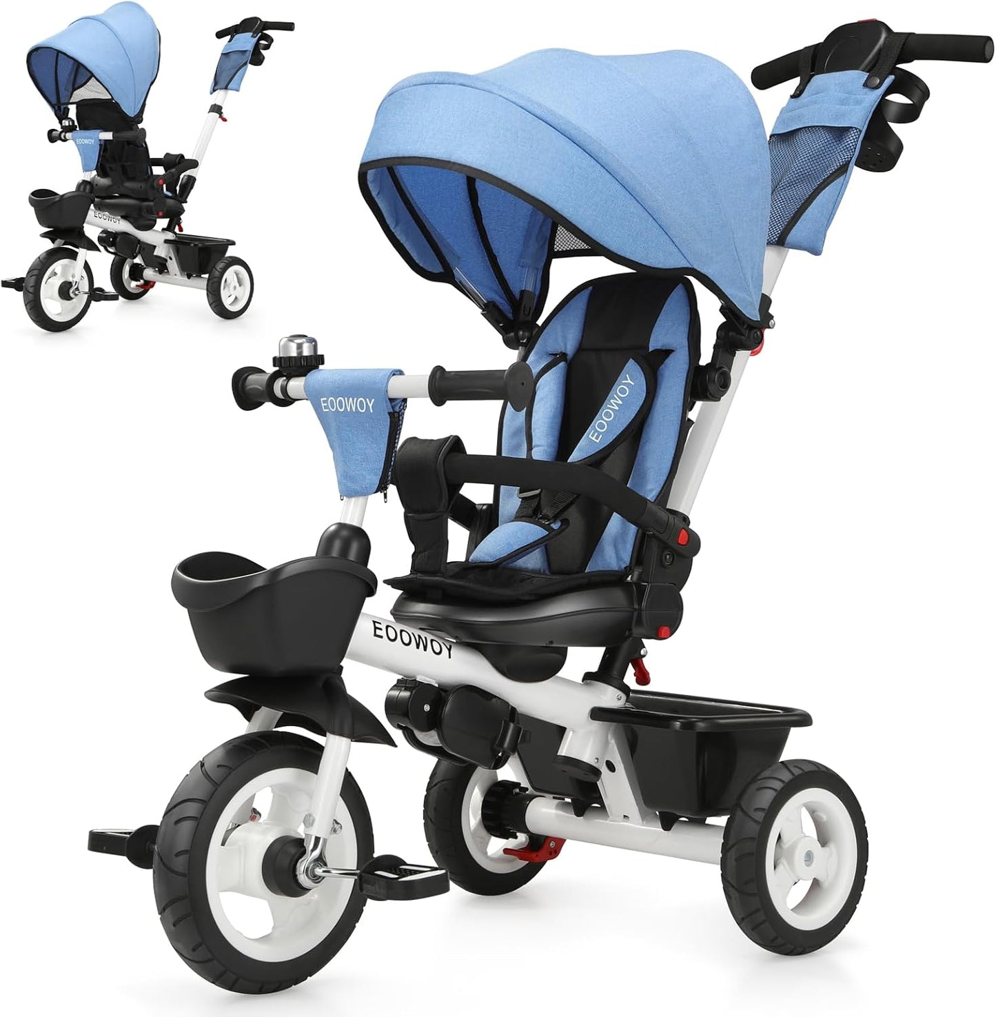 EOOWOY Triciclo para niños pequeños con mango de empuje, Cochecito...