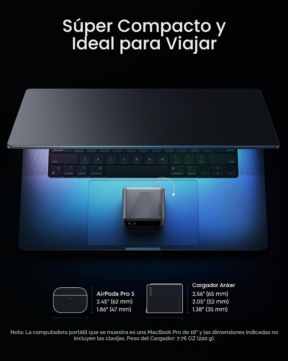 Anker Cargador Prime, cargador GaN de 3 puertos máximo de 160 W, pa...