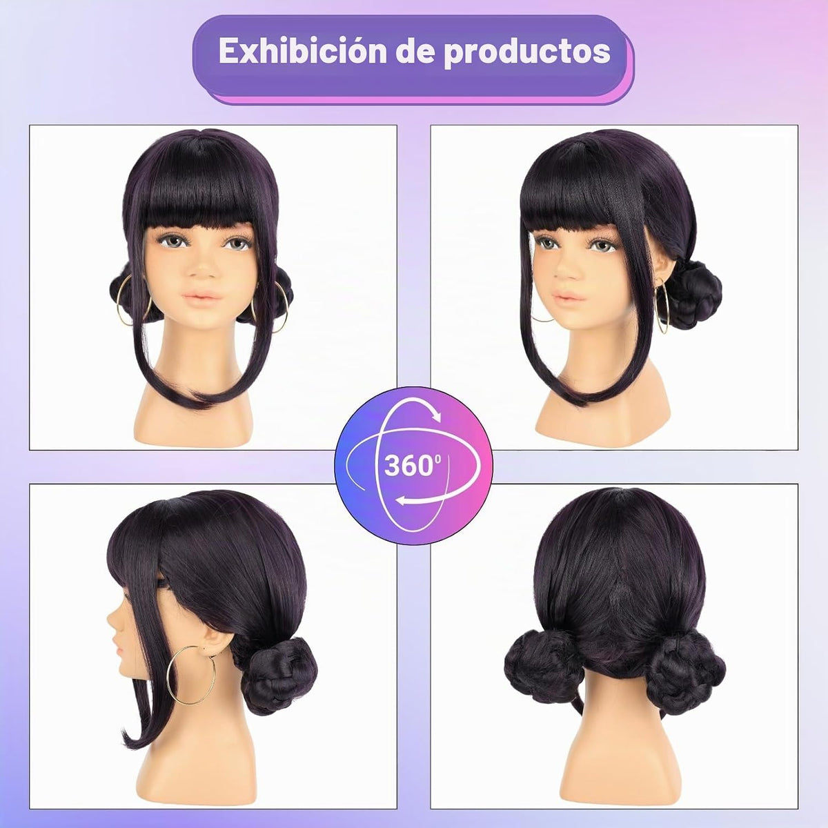 morvally Peluca corta negra y morada con 2 moños, pelucas de pelo s...