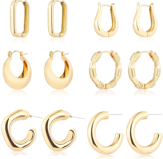 6 pares de aretes de aro chapados en oro de 14 quilates para mujer,...