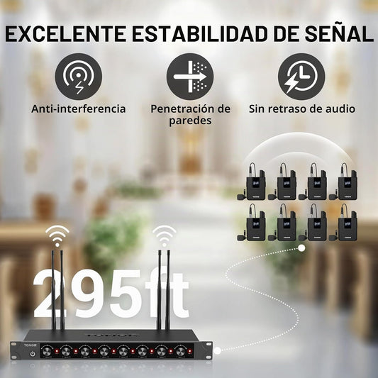 TONOR Sistema de micrófonos inalámbricos con 8x12 canales, auricula...