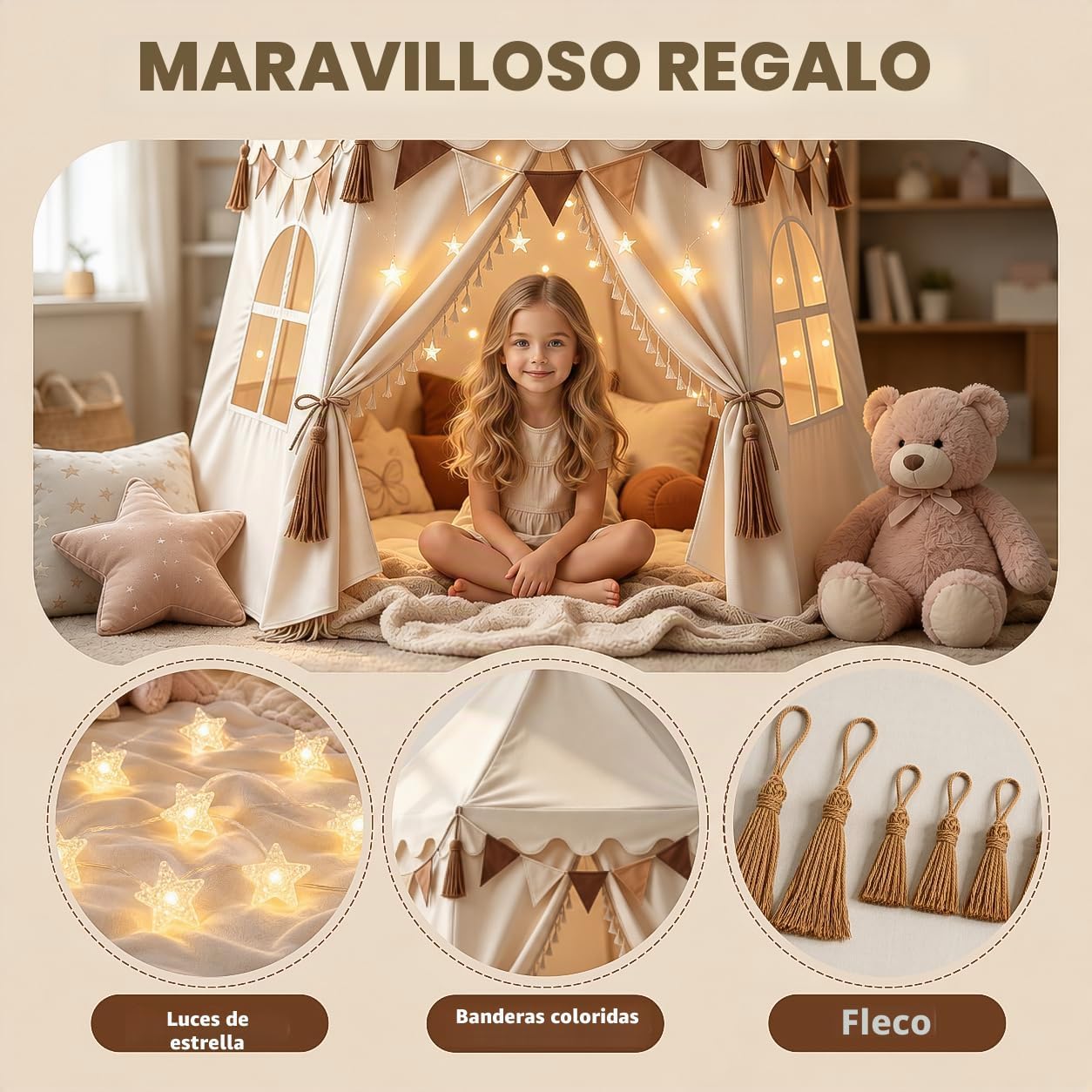 Tienda de campaña grande para niños con luces de estrellas, bandera...