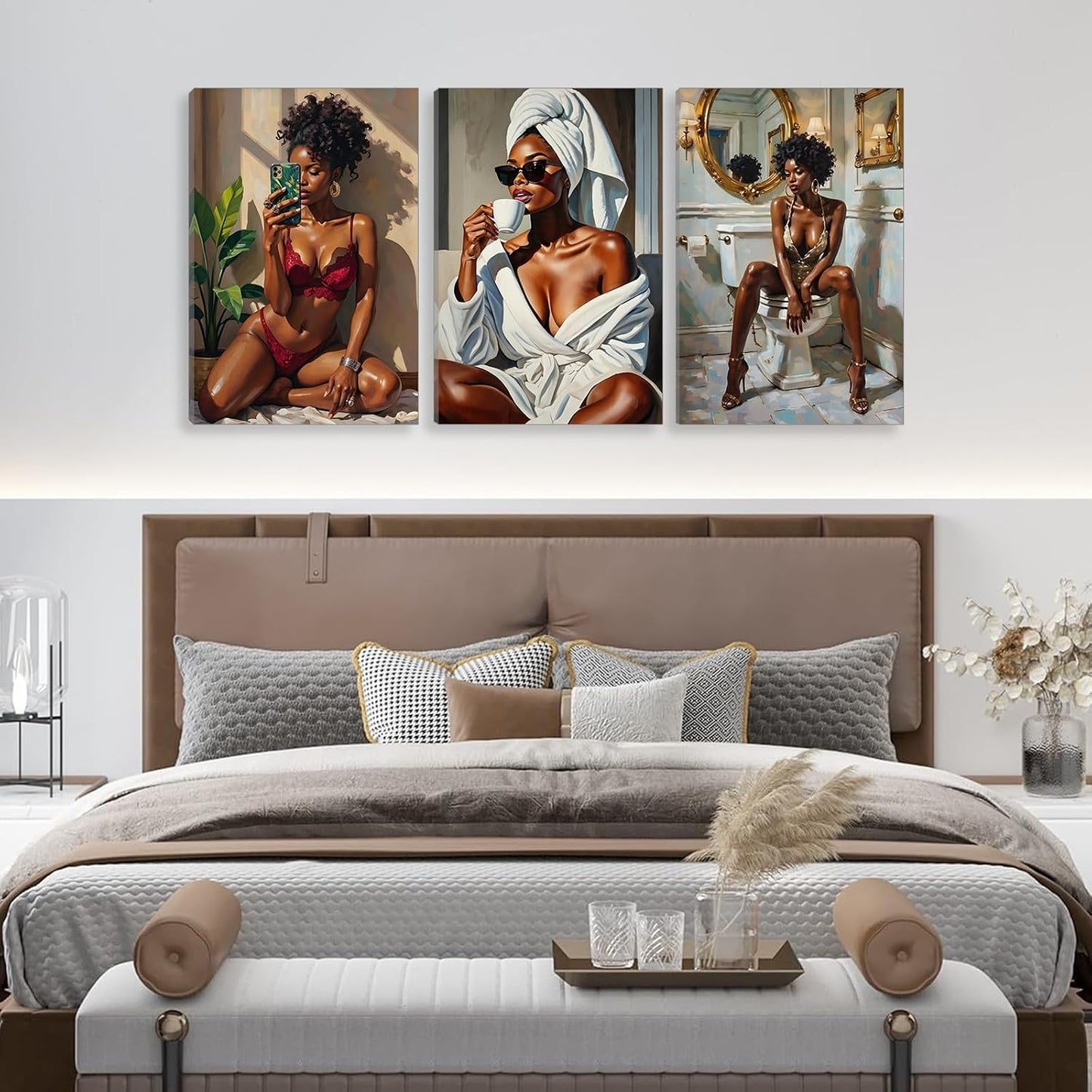 3 piezas de lienzo de melanina Queen elegante arte de pared para mu...
