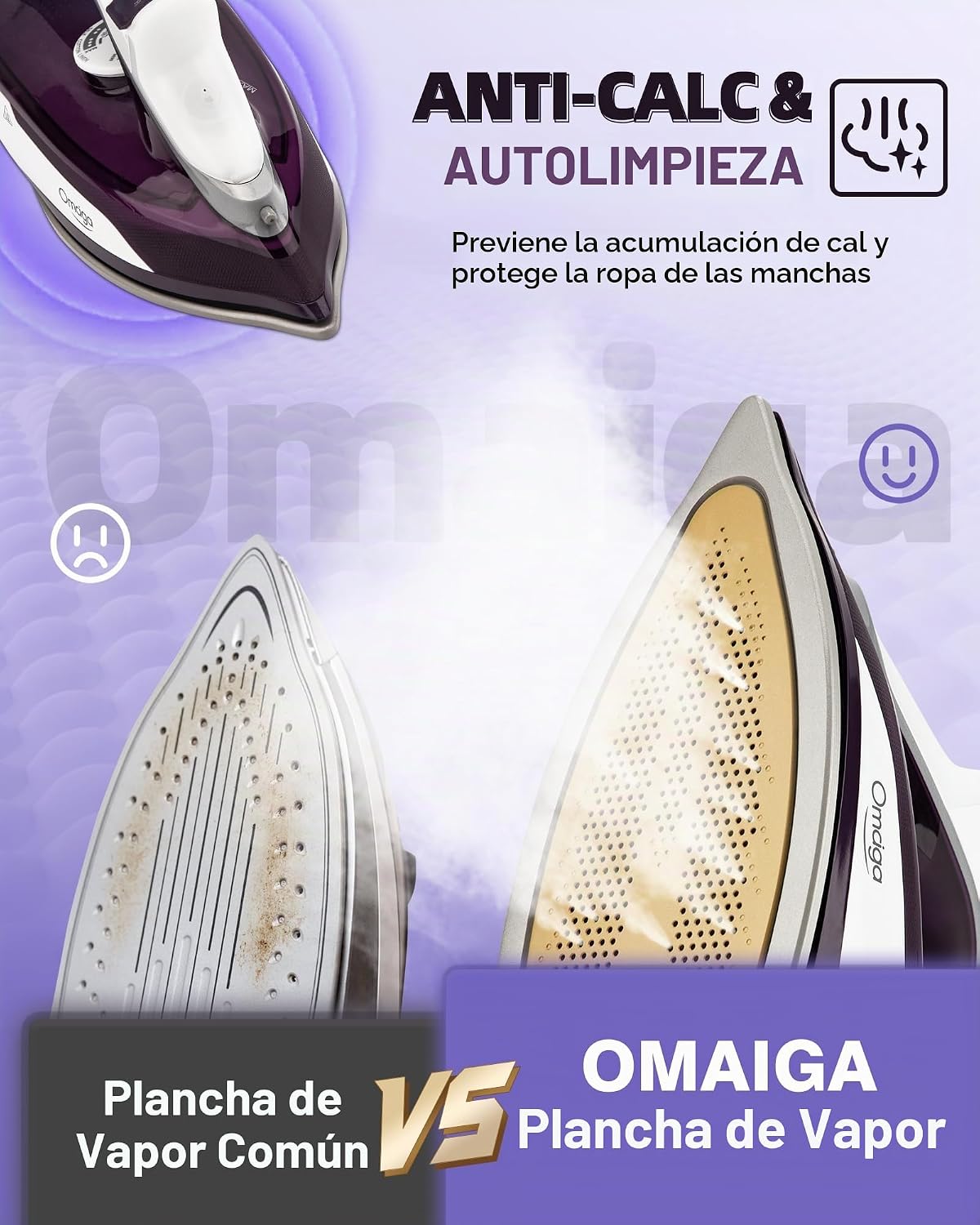 OMAIGA Plancha de vapor para ropa, plancha de 1750 W con suela de c...