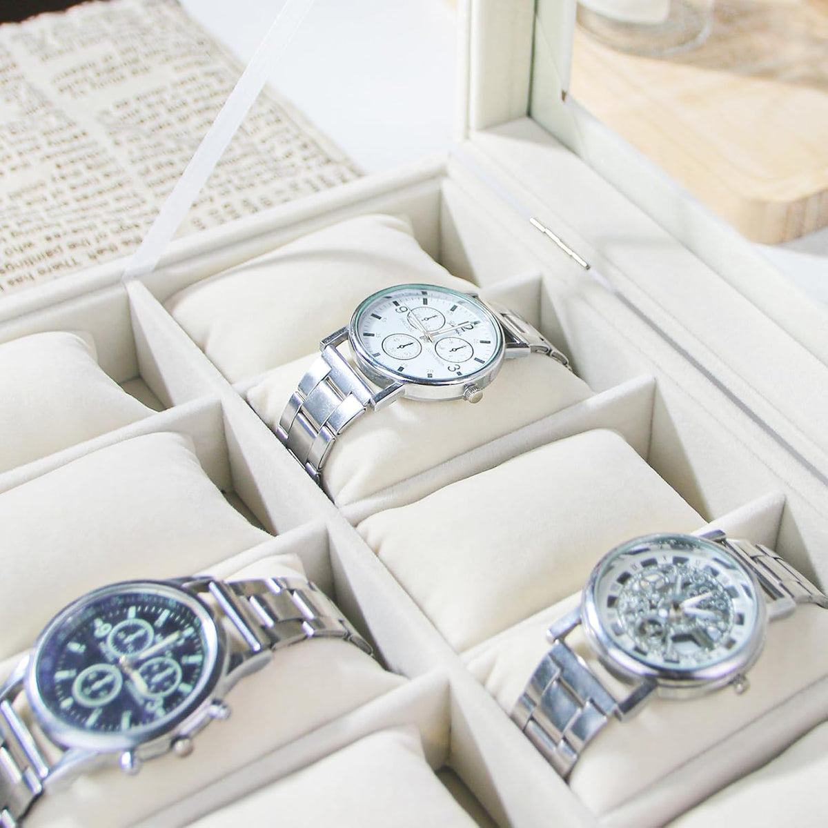 Ausalivan Vitrina de relojes para hombres, caja organizadora de rel...