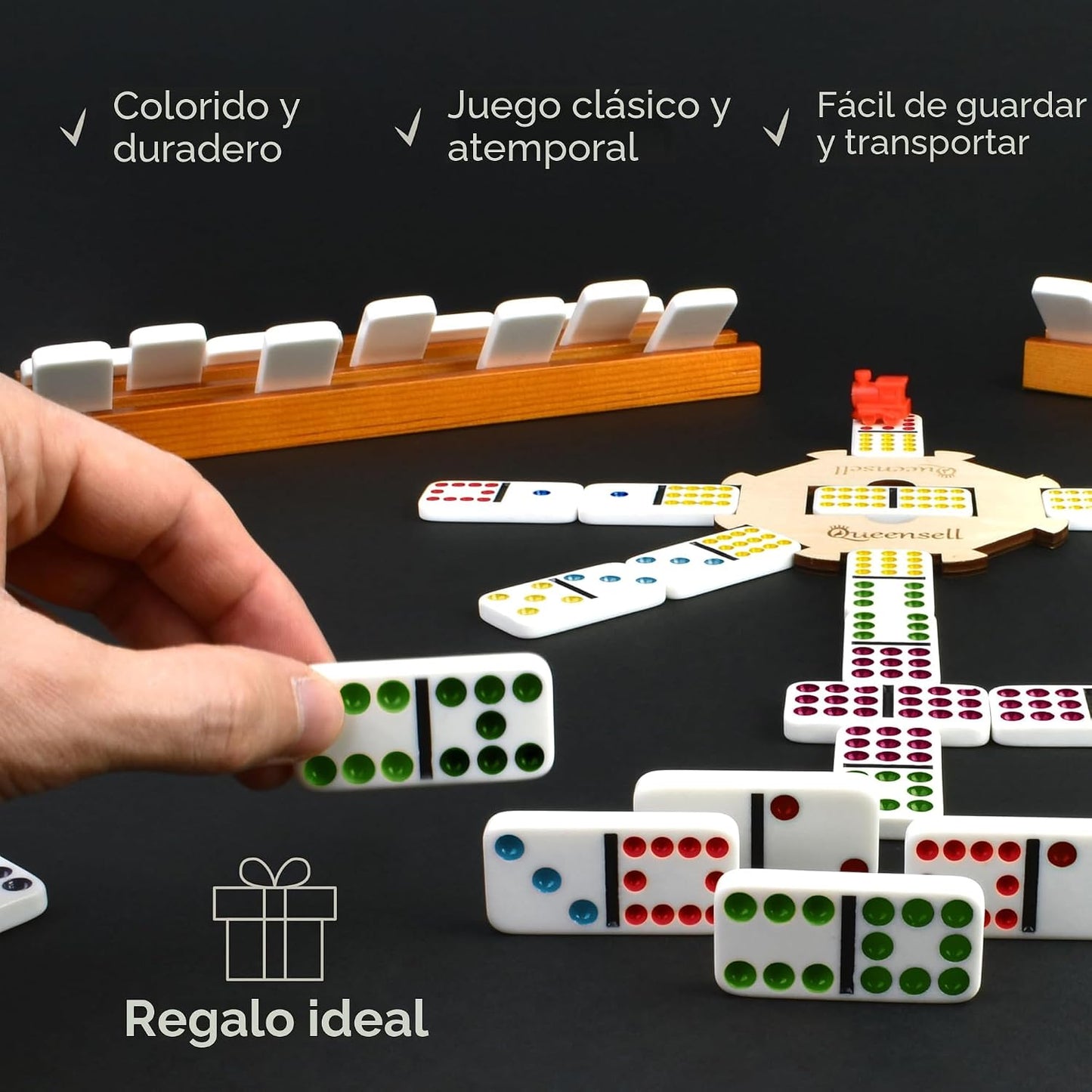 Queensell Juego de dominó de tren mexicano con cubo de madera, jueg...